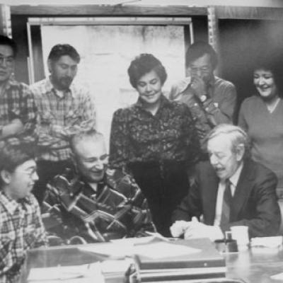 Deloycheet 1974 - Signing ANCSA paperwork with a lawyer to make them a corporation. ANCSA Signing 1974